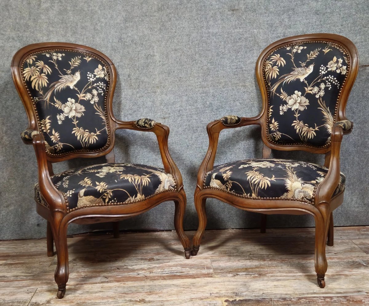 Pair Of Napoleon III Period Mahogany Armchairs With Silk-like Upholstery-photo-5