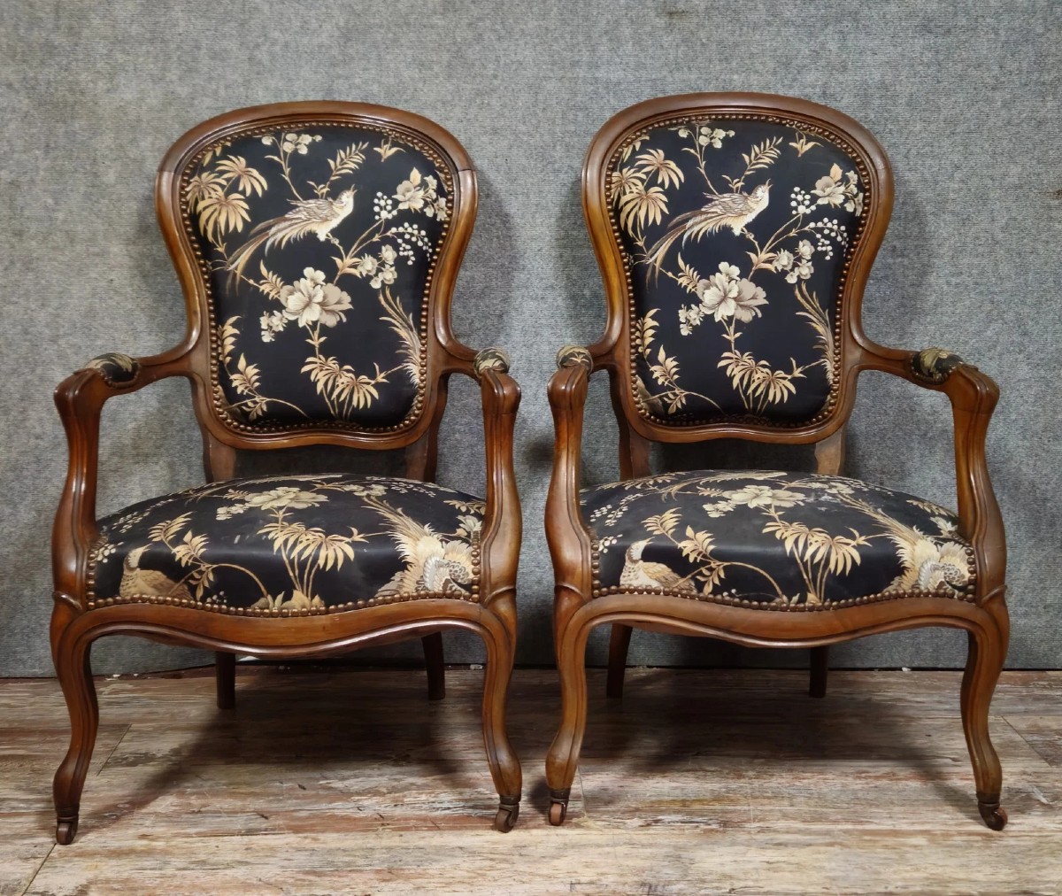 Pair Of Napoleon III Period Mahogany Armchairs With Silk-like Upholstery