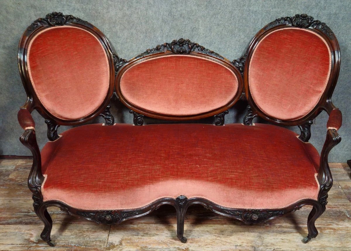Louis XV Style Mahogany Bench With Medallions, 19th Century  -photo-1