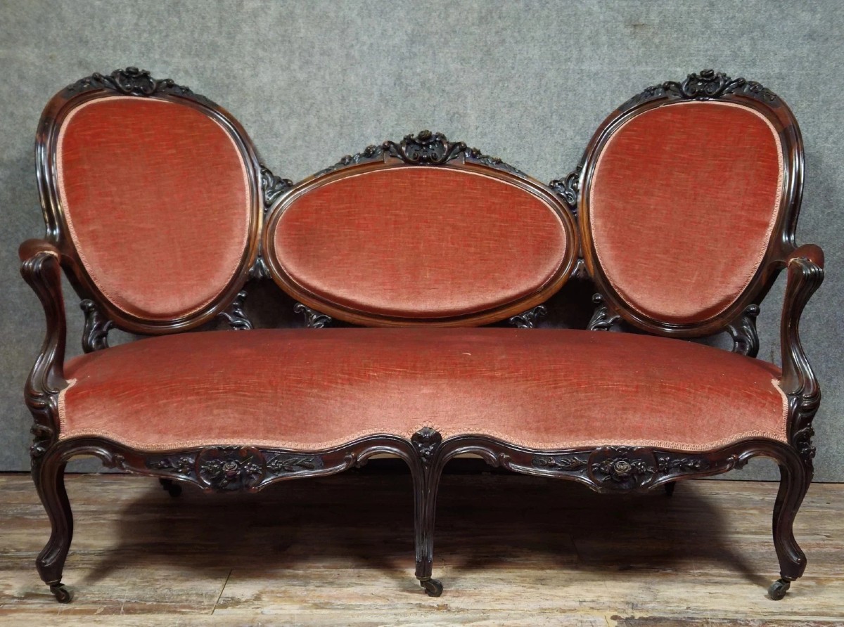 Louis XV Style Mahogany Bench With Medallions, 19th Century  
