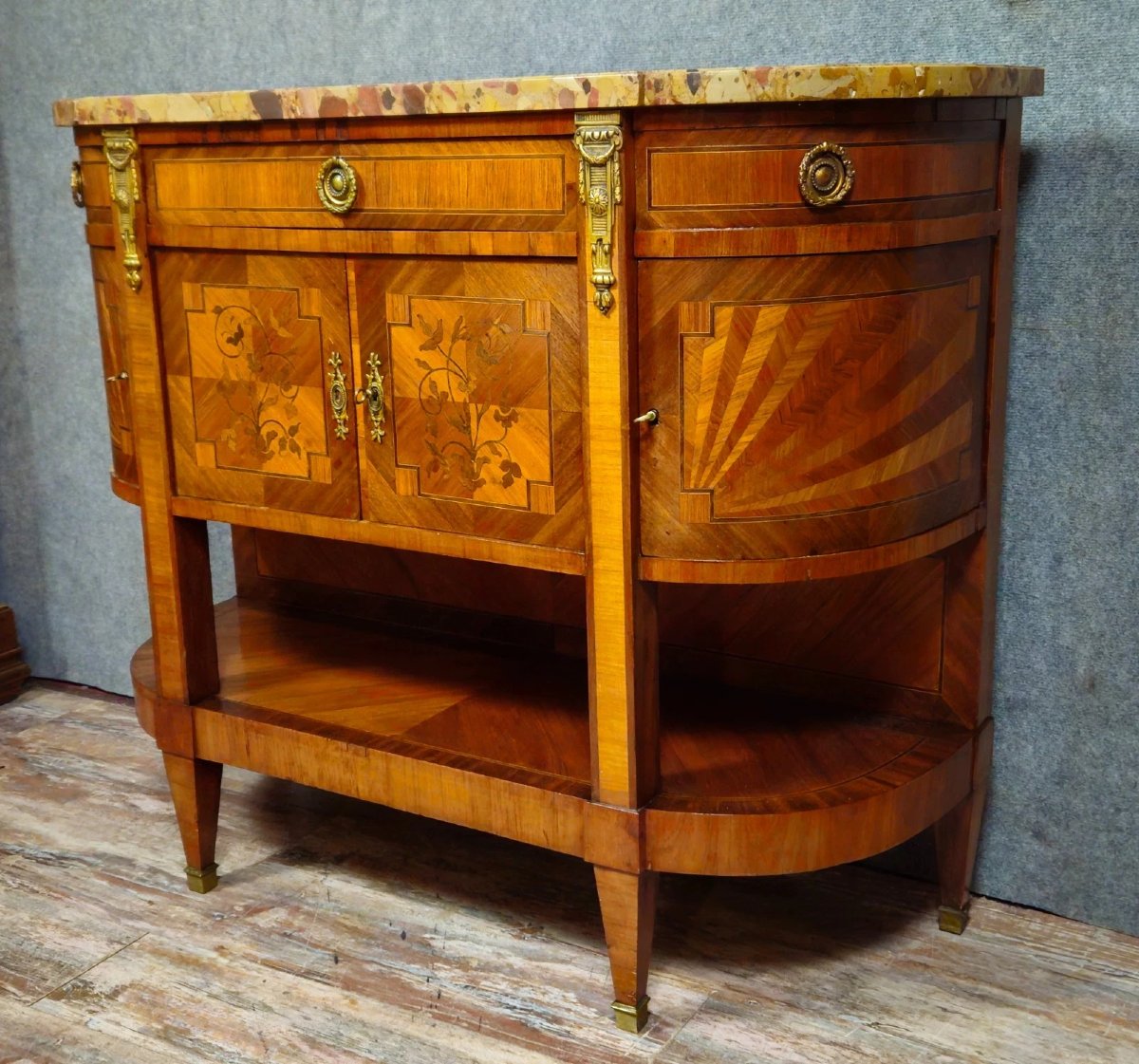 Marquetry Commode/half-moon Sideboard – Marble Top – Louis XVI Style-photo-4