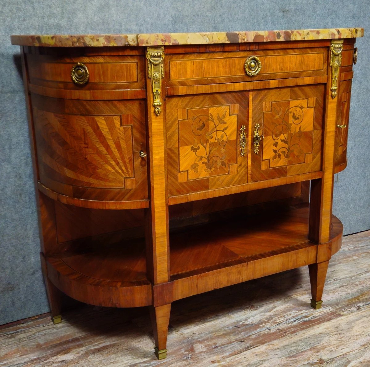 Marquetry Commode/half-moon Sideboard – Marble Top – Louis XVI Style-photo-5