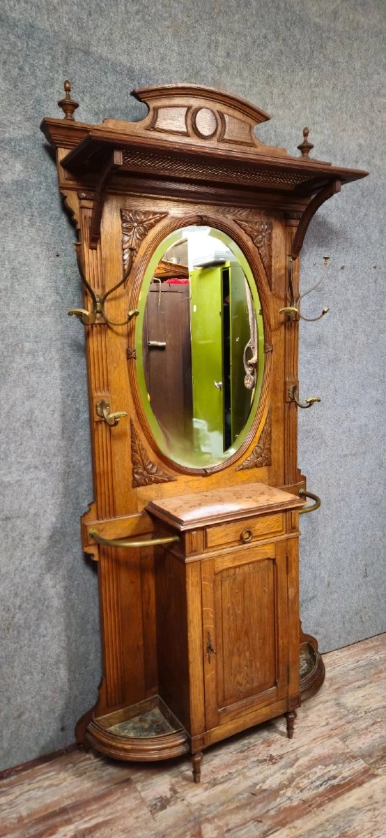 Vestiaire - porte manteaux ancien en chêne – miroir biseauté – marbre – style Renaissance - XIX-photo-6