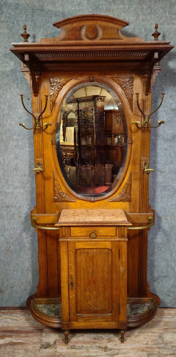 Vestiaire - porte manteaux ancien en chêne – miroir biseauté – marbre – style Renaissance - XIX