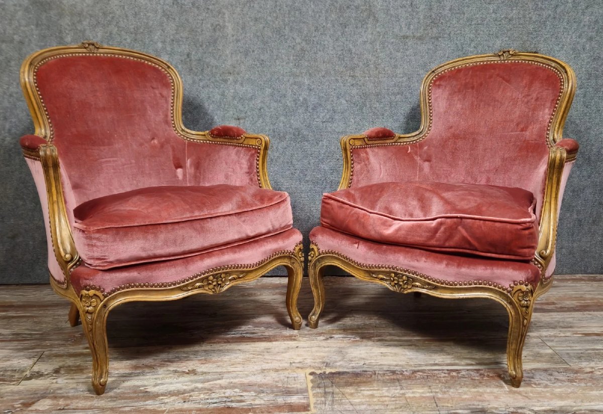 Pair Of Louis XV Style Cabriolet Armchairs – Carved Wood – Pink Velvet – H 83-photo-1