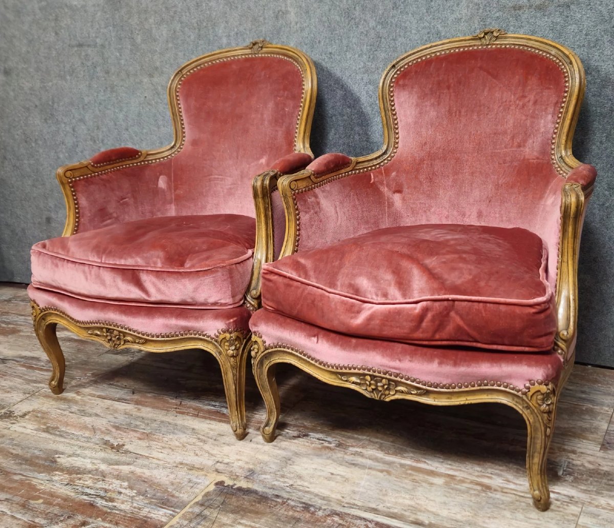 Pair Of Louis XV Style Cabriolet Armchairs – Carved Wood – Pink Velvet – H 83-photo-2