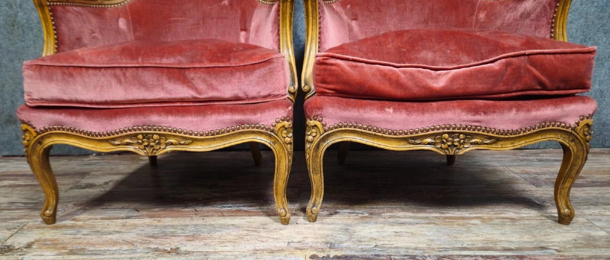 Pair Of Louis XV Style Cabriolet Armchairs – Carved Wood – Pink Velvet – H 83-photo-3