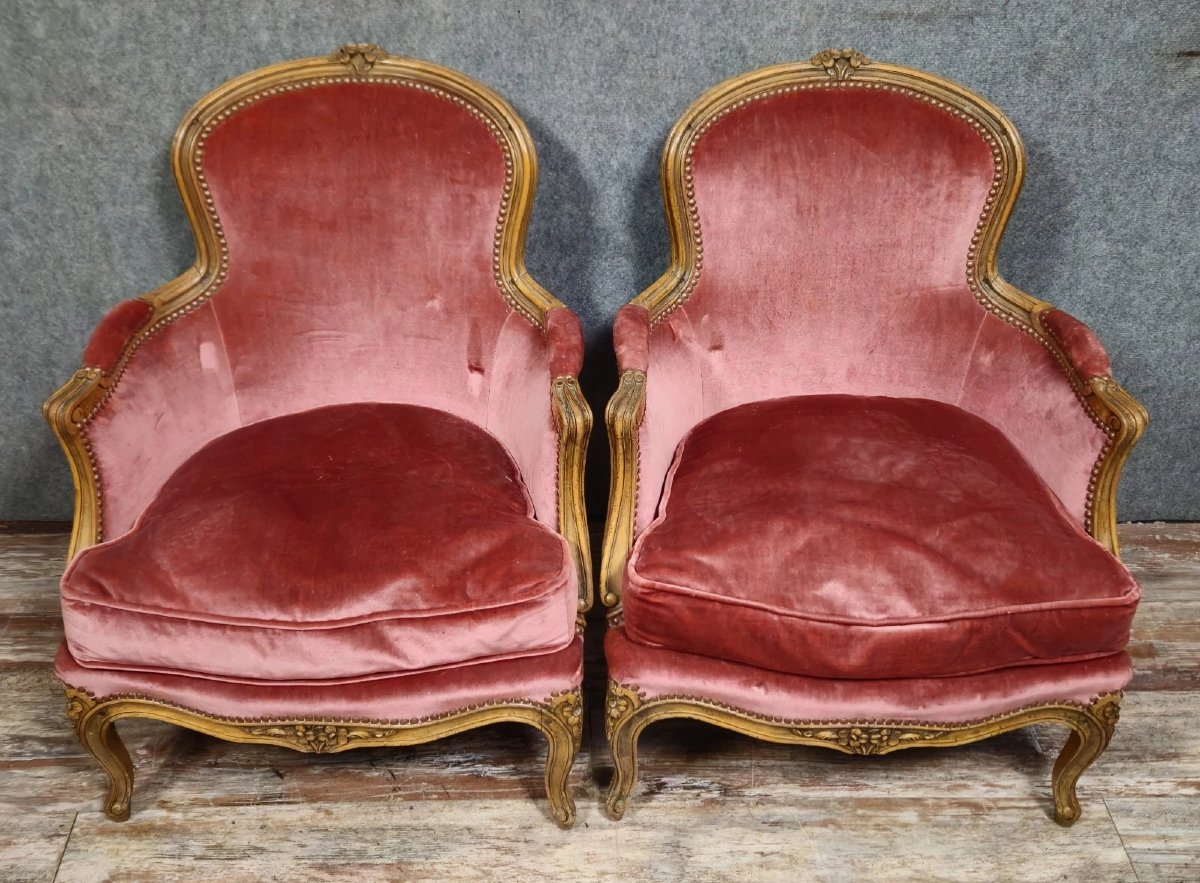 Pair Of Louis XV Style Cabriolet Armchairs – Carved Wood – Pink Velvet – H 83-photo-5