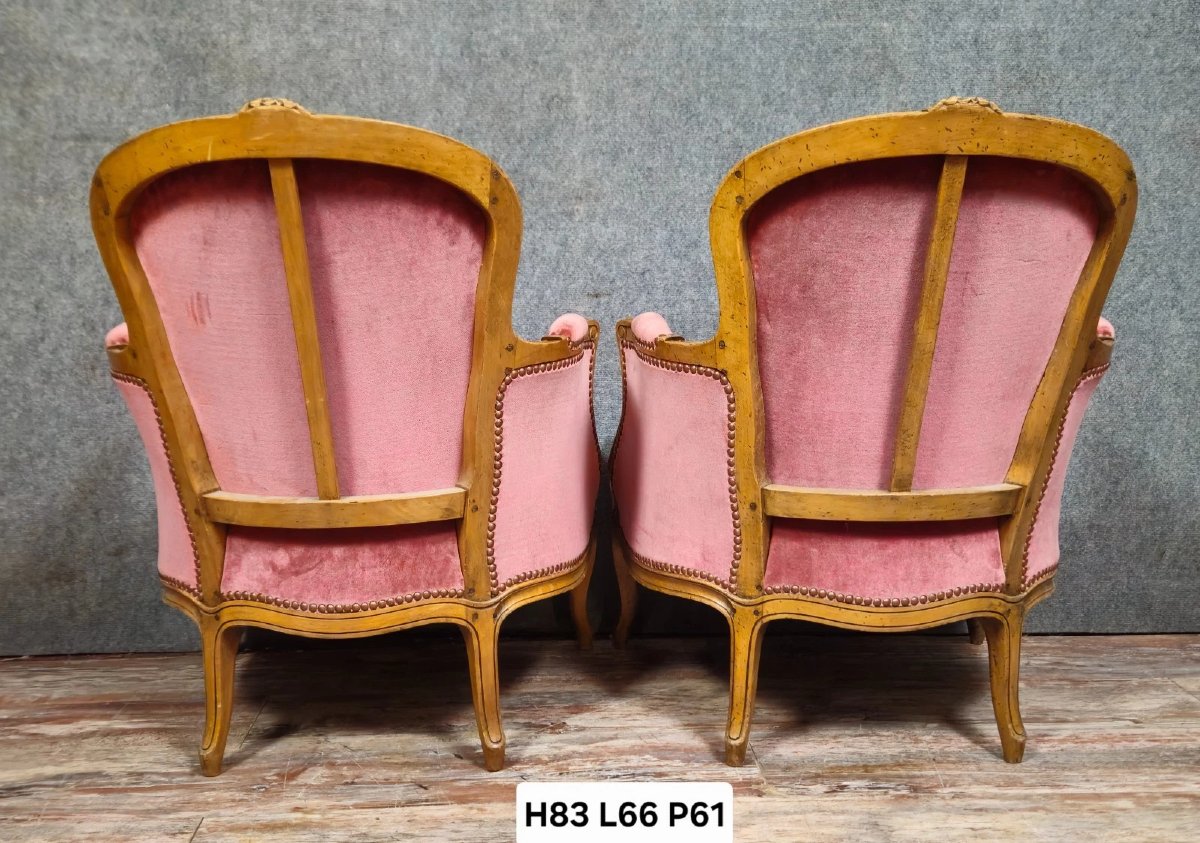 Pair Of Louis XV Style Cabriolet Armchairs – Carved Wood – Pink Velvet – H 83-photo-6