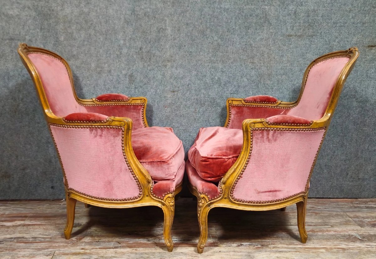 Pair Of Louis XV Style Cabriolet Armchairs – Carved Wood – Pink Velvet – H 83-photo-7