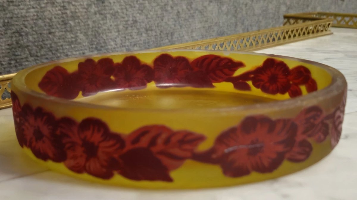 Engraved Multi-layered Glass Bowl/trinket Dish – Art Nouveau Style Floral Decoration – ø 18 Cm-photo-2