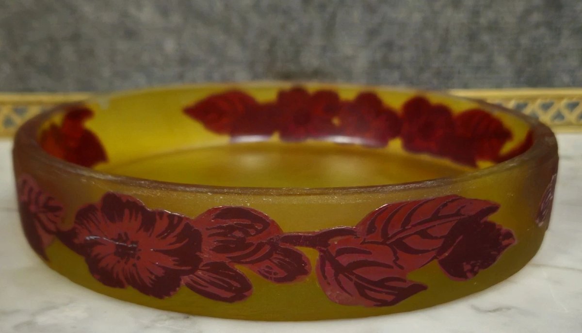 Engraved Multi-layered Glass Bowl/trinket Dish – Art Nouveau Style Floral Decoration – ø 18 Cm-photo-3