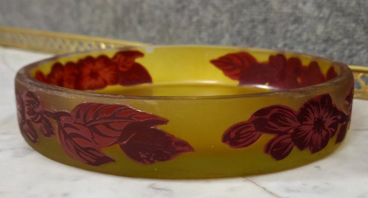 Engraved Multi-layered Glass Bowl/trinket Dish – Art Nouveau Style Floral Decoration – ø 18 Cm-photo-4