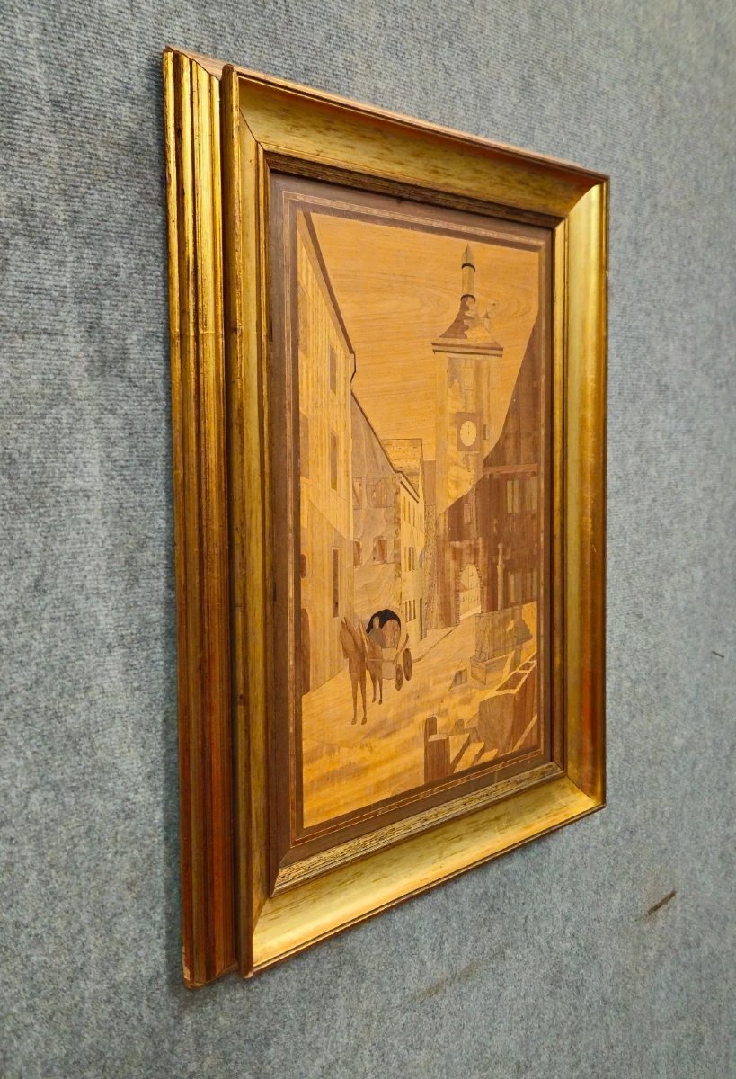 Framed Marquetry Panel – Ancient Urban Scene – 73 X 55 Cm-photo-2