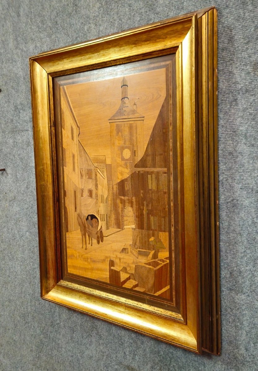 Framed Marquetry Panel – Ancient Urban Scene – 73 X 55 Cm-photo-3