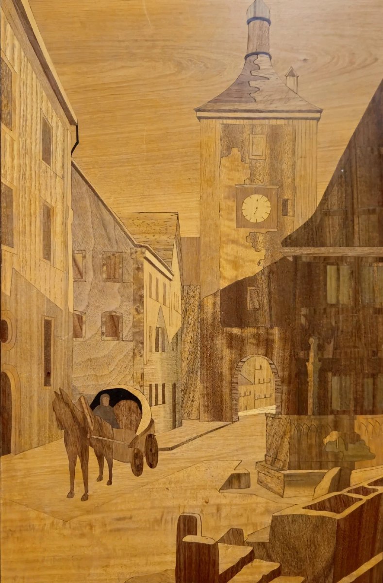 Framed Marquetry Panel – Ancient Urban Scene – 73 X 55 Cm-photo-4