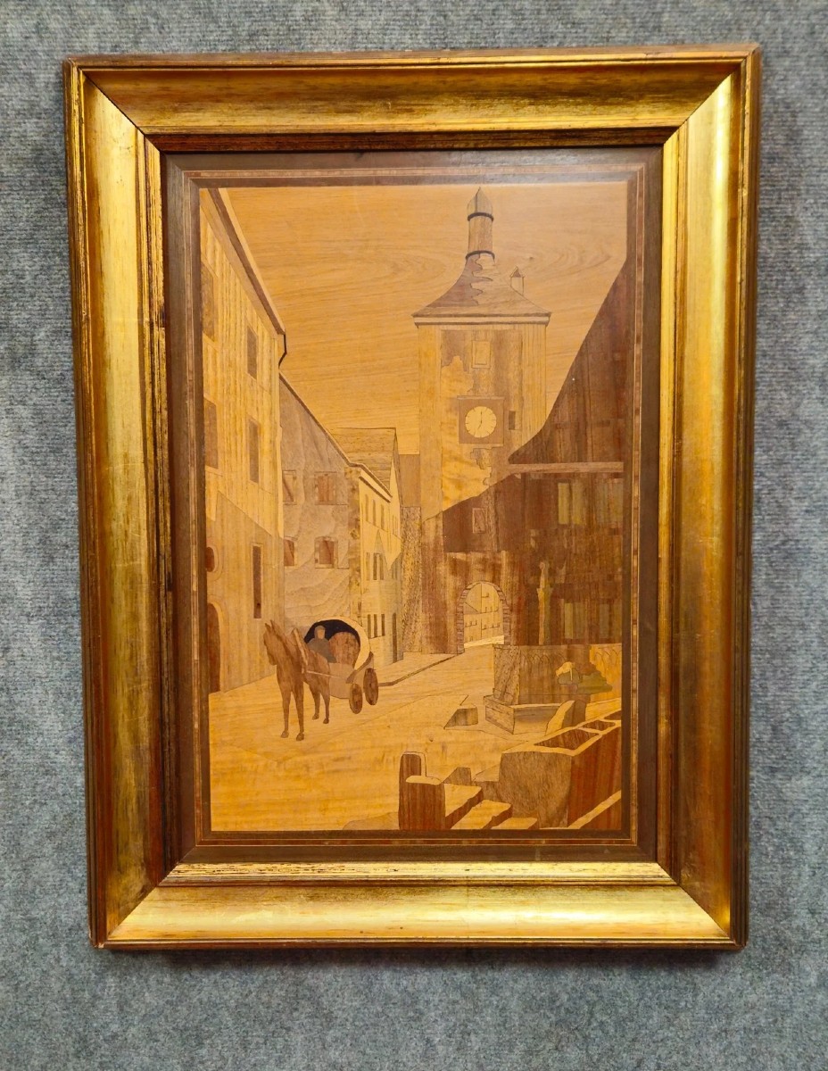 Framed Marquetry Panel – Ancient Urban Scene – 73 X 55 Cm