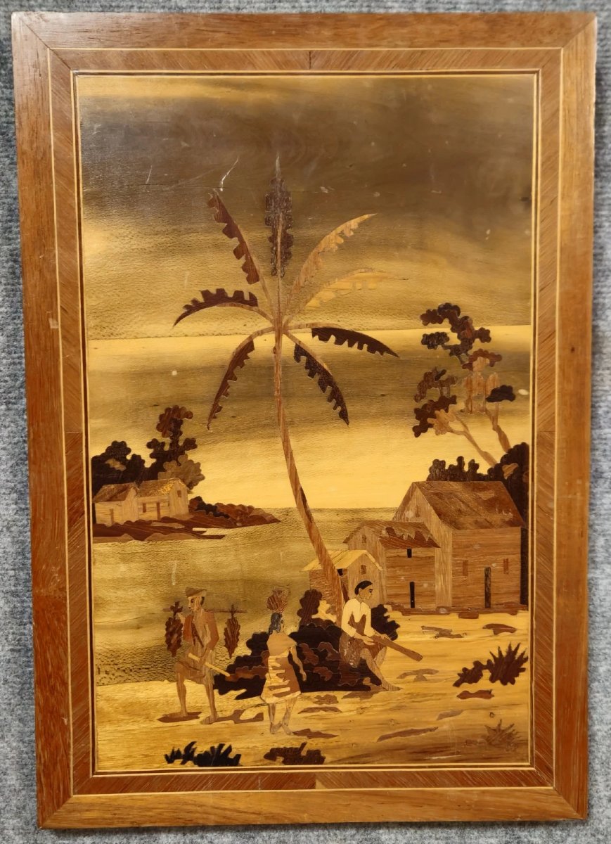 Antique Wood Marquetry Painting – Exotic Scene-photo-1