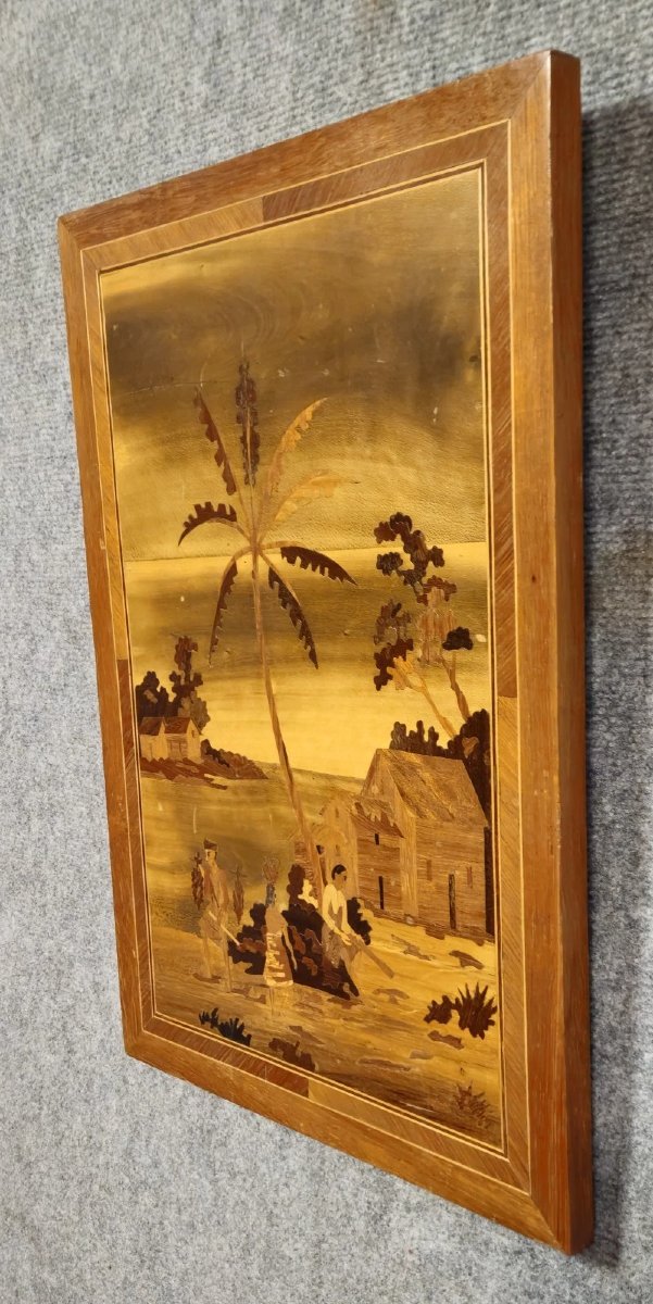 Antique Wood Marquetry Painting – Exotic Scene-photo-3
