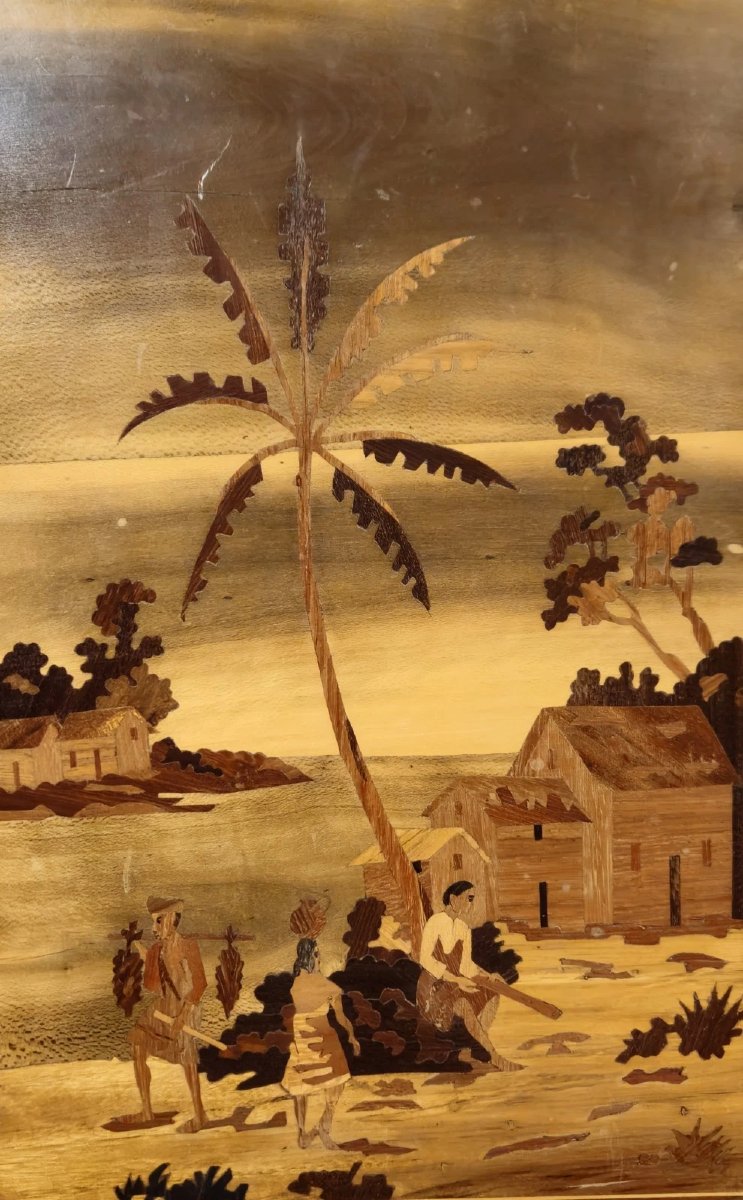 Antique Wood Marquetry Painting – Exotic Scene-photo-4