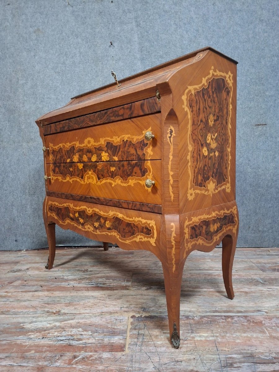 Antique Venetian Marquetry Slant-front Desk – Louis XV Style – Writing Desk – 20th Century-photo-3