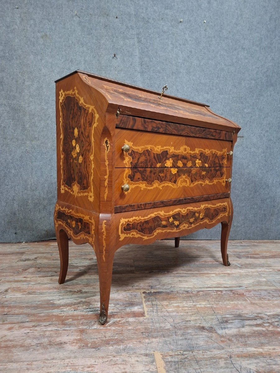 Antique Venetian Marquetry Slant-front Desk – Louis XV Style – Writing Desk – 20th Century-photo-5