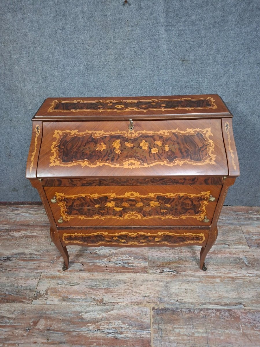 Antique Venetian Marquetry Slant-front Desk – Louis XV Style – Writing Desk – 20th Century-photo-6