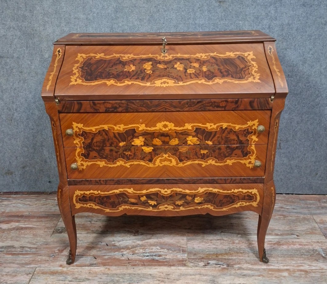 Antique Venetian Marquetry Slant-front Desk – Louis XV Style – Writing Desk – 20th Century