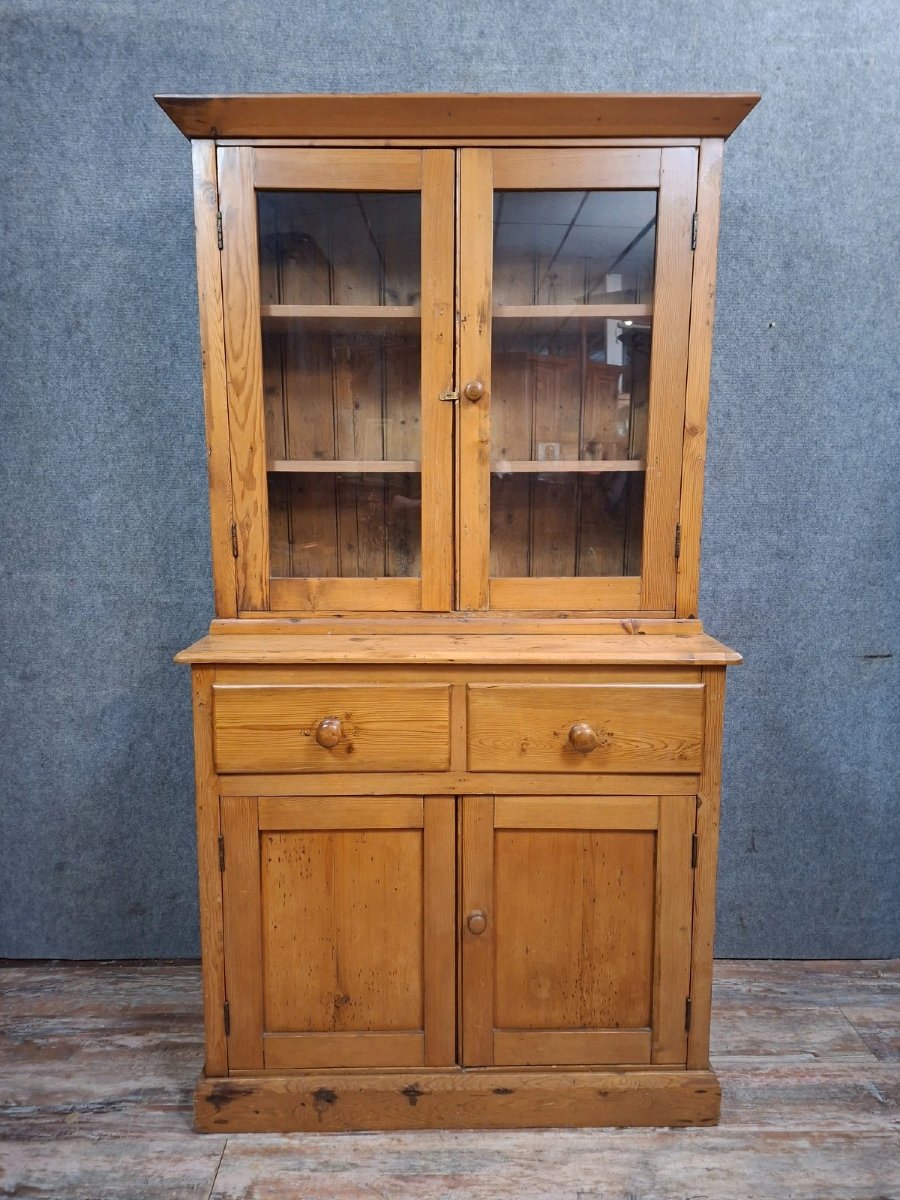 Antique Two-part Buffet In Solid Pine – Glass-fronted Sideboard – Country Style-photo-1