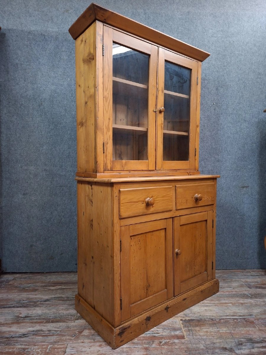 Antique Two-part Buffet In Solid Pine – Glass-fronted Sideboard – Country Style-photo-2