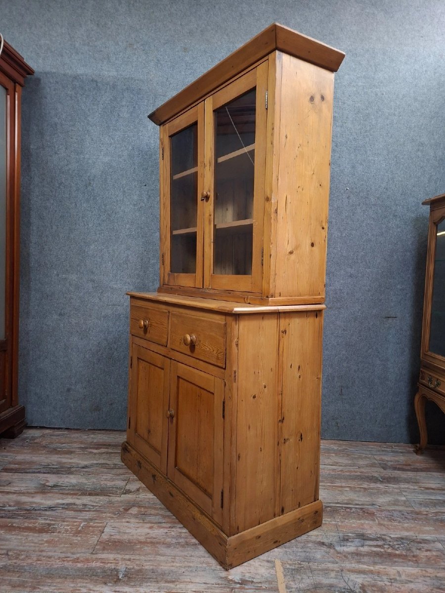 Antique Two-part Buffet In Solid Pine – Glass-fronted Sideboard – Country Style-photo-3