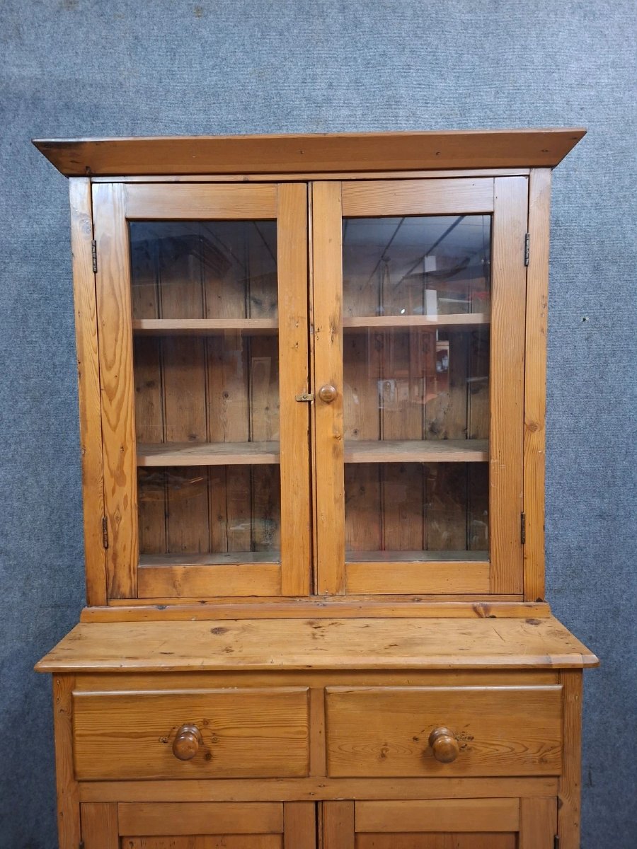 Antique Two-part Buffet In Solid Pine – Glass-fronted Sideboard – Country Style-photo-4