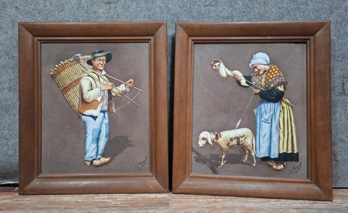 Pair Of Antique Signed Paintings - Paintings On Ceramic - Rural Scenes
