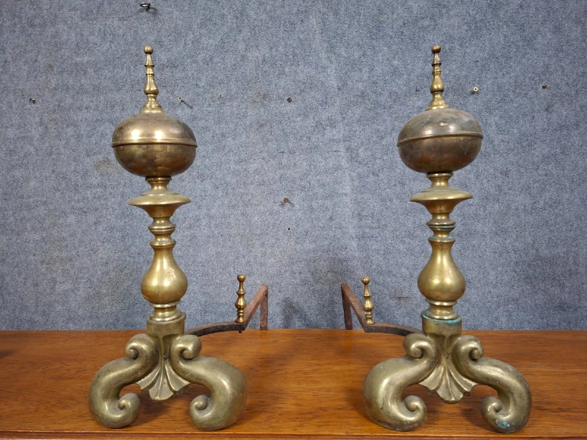 Paire de chenets anciens en bronze doré et fer forgé – style Louis XIV - XIXeme-photo-2