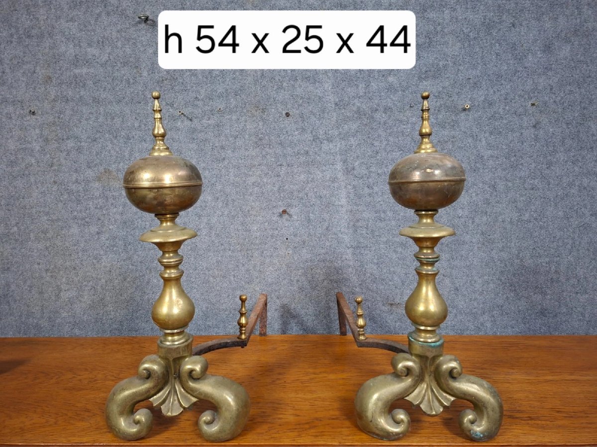 Paire de chenets anciens en bronze doré et fer forgé – style Louis XIV - XIXeme-photo-5