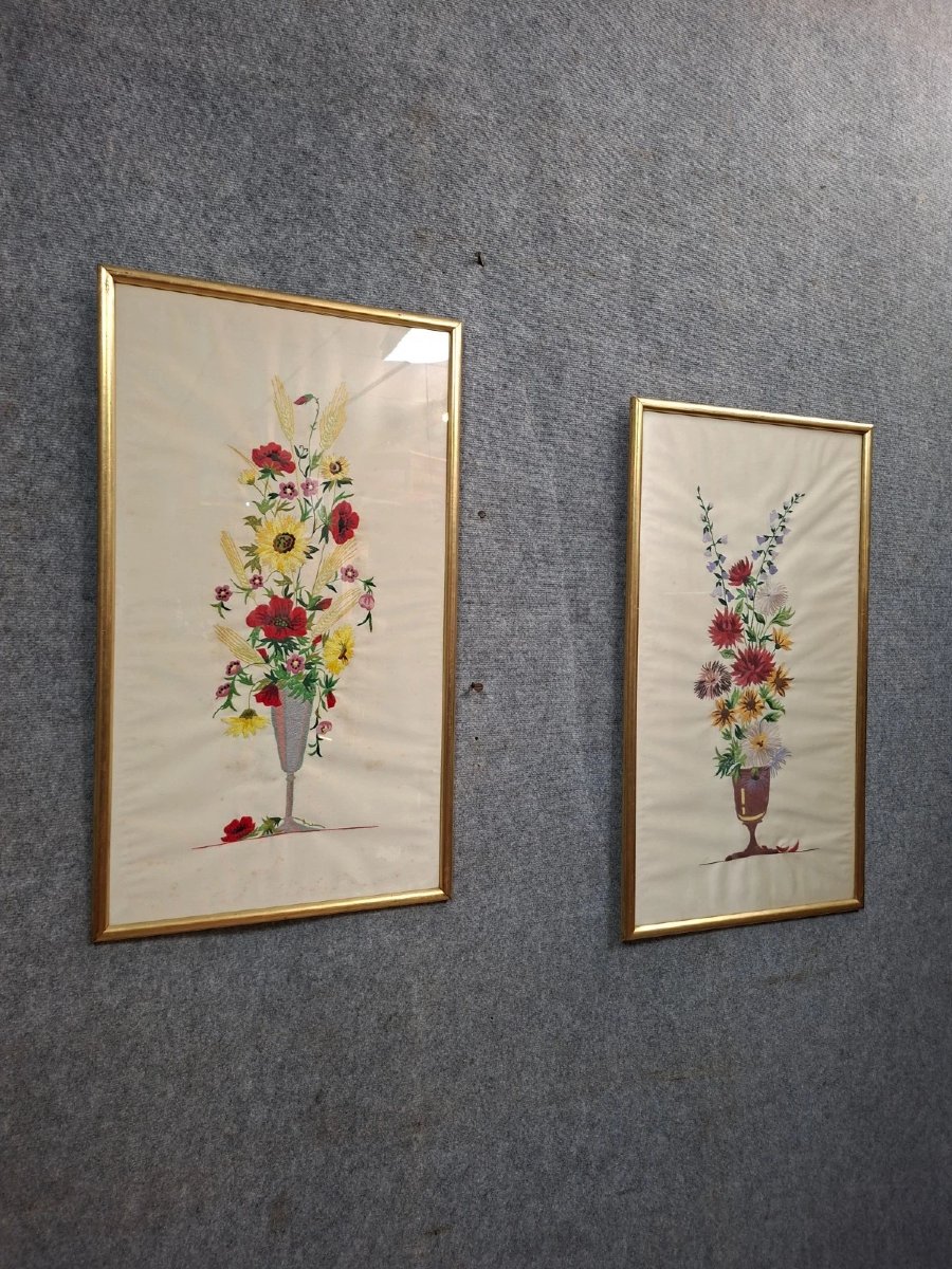 Pair Of Antique Embroidered Pictures – Framed Bouquets Of Flowers – Early 20th Century-photo-2