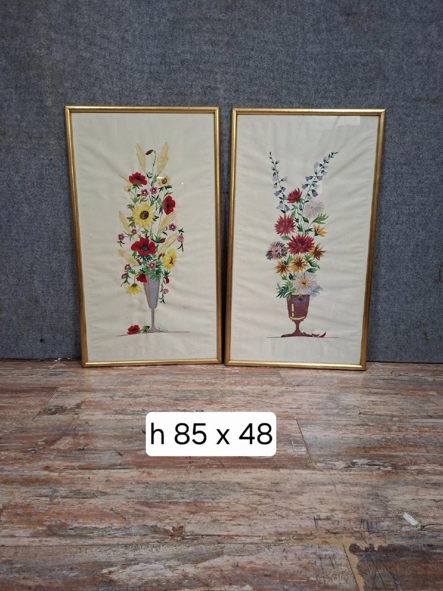 Pair Of Antique Embroidered Pictures – Framed Bouquets Of Flowers – Early 20th Century-photo-5