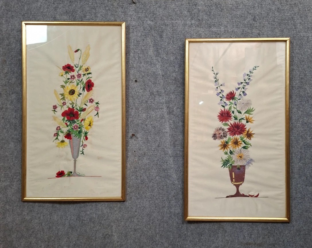Pair Of Antique Embroidered Pictures – Framed Bouquets Of Flowers – Early 20th Century