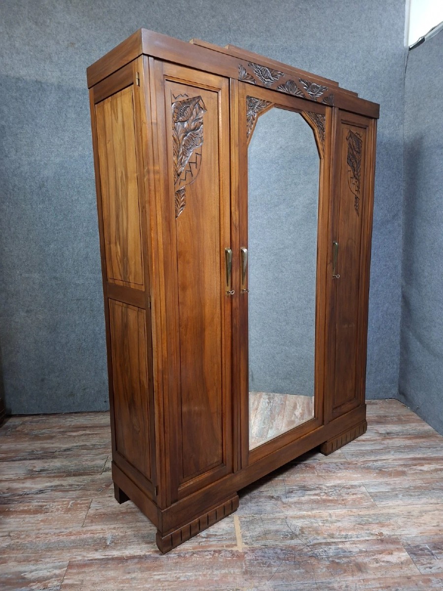 Art Deco Period Wardrobe In Solid Carved Walnut / Circa 1930