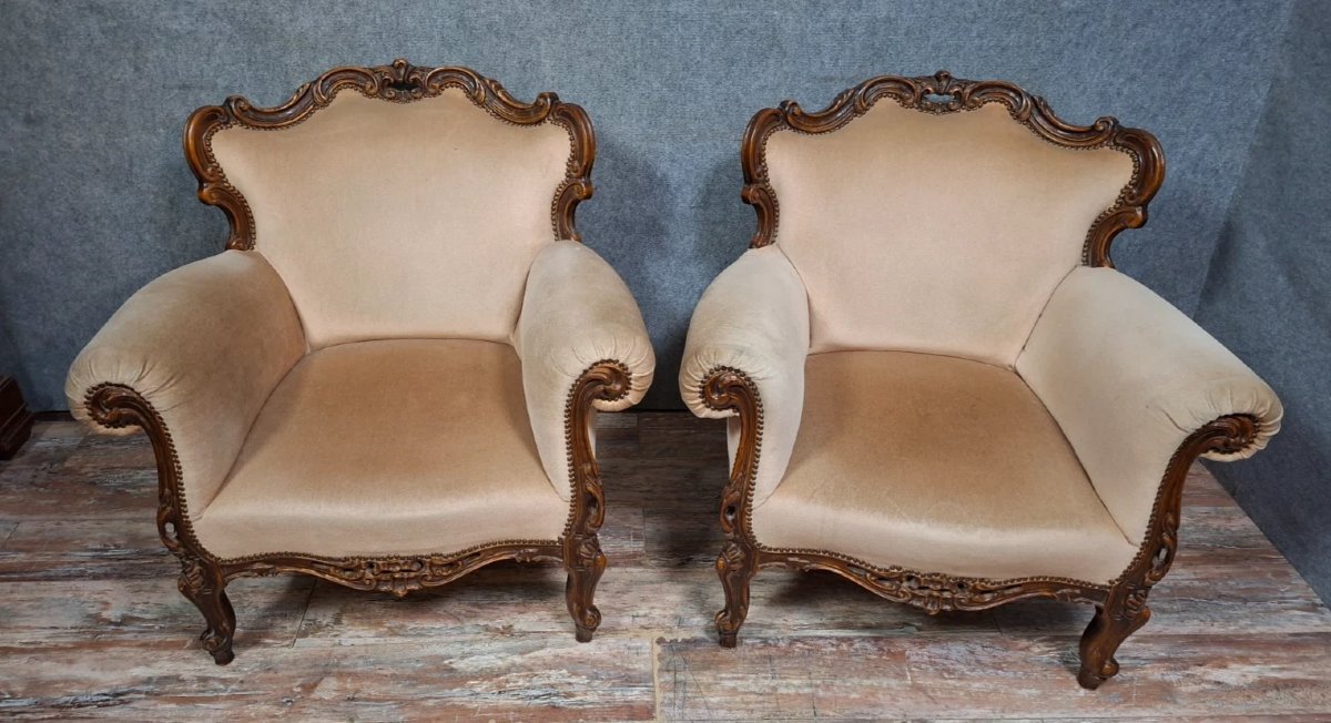 Pair Of Carved Walnut Armchairs – Louis XV Style – 19th Century-photo-2