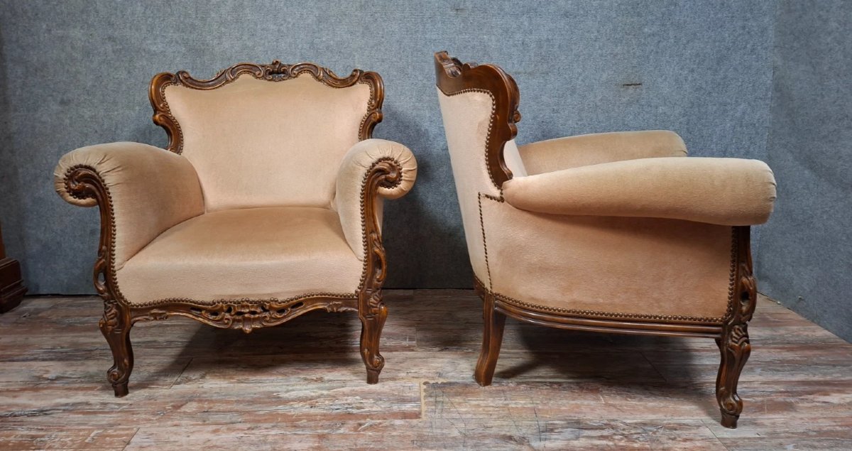 Pair Of Carved Walnut Armchairs – Louis XV Style – 19th Century-photo-4