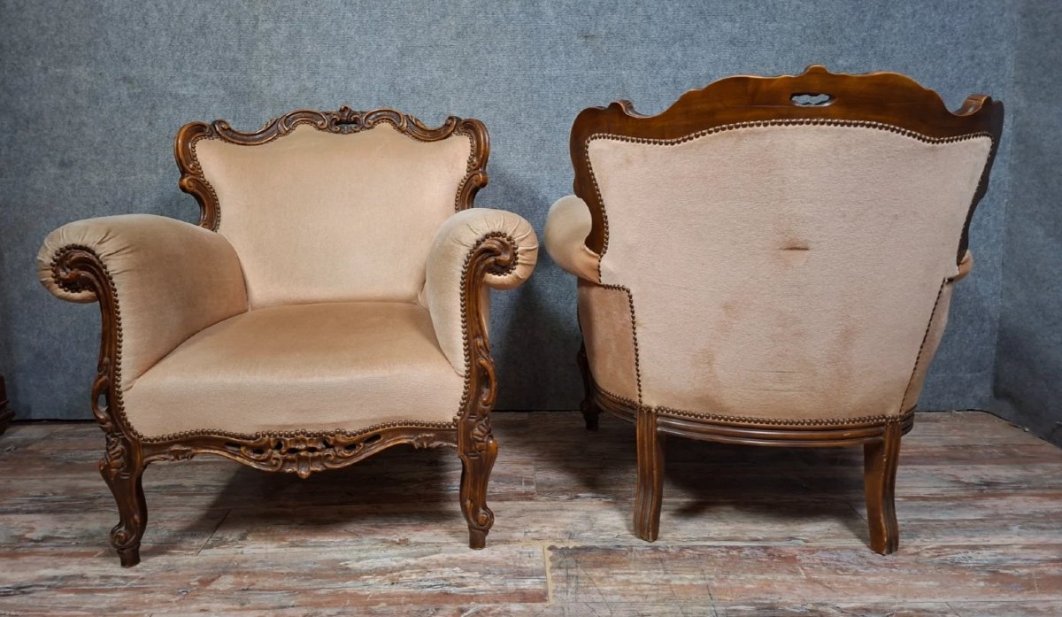 Pair Of Carved Walnut Armchairs – Louis XV Style – 19th Century-photo-5