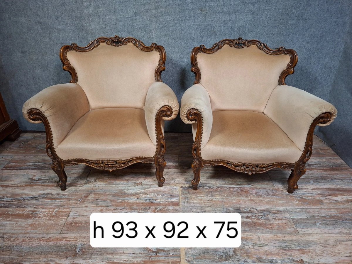 Pair Of Carved Walnut Armchairs – Louis XV Style – 19th Century-photo-7