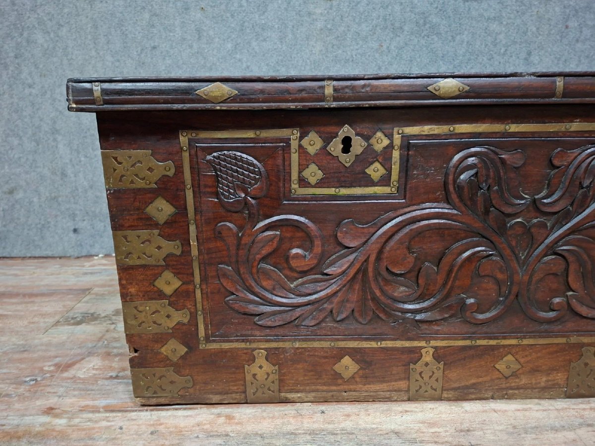 Antique Carved Wooden And Gilt Brass Chest – Oriental / 19th Century-photo-3