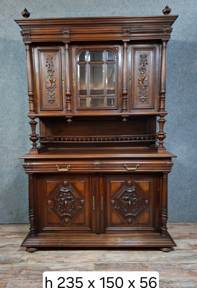 Buffet deux corps richement sculpté – Style Henri II en noyer-photo-4