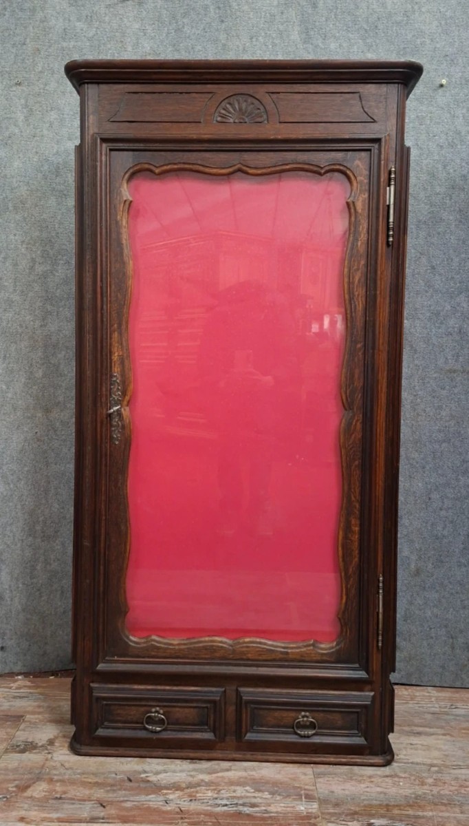 Display Case In Stained Wood - Red Padded Interior - 20th Century