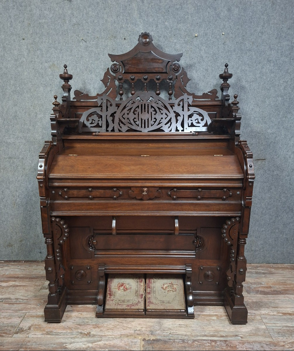 Carved Walnut Art Harmonium, Richly Decorated In The Neo-gothic Style.