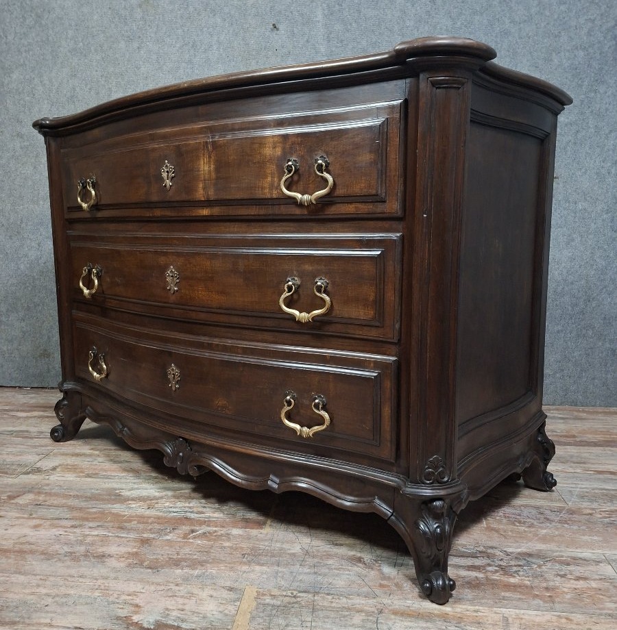 Louis XV-style Curved Chest Of Drawers In Solid Walnut, Mid-20th Century.-photo-3