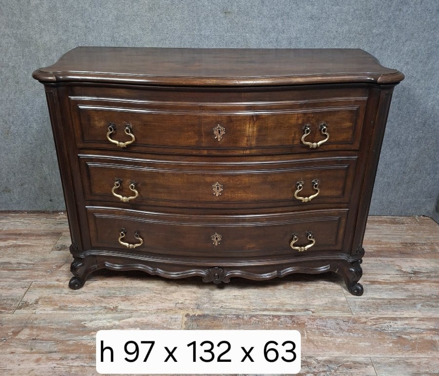 Louis XV-style Curved Chest Of Drawers In Solid Walnut, Mid-20th Century.-photo-4