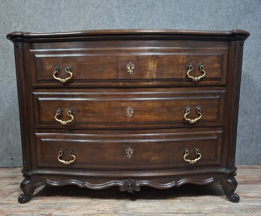 Louis XV-style Curved Chest Of Drawers In Solid Walnut, Mid-20th Century.